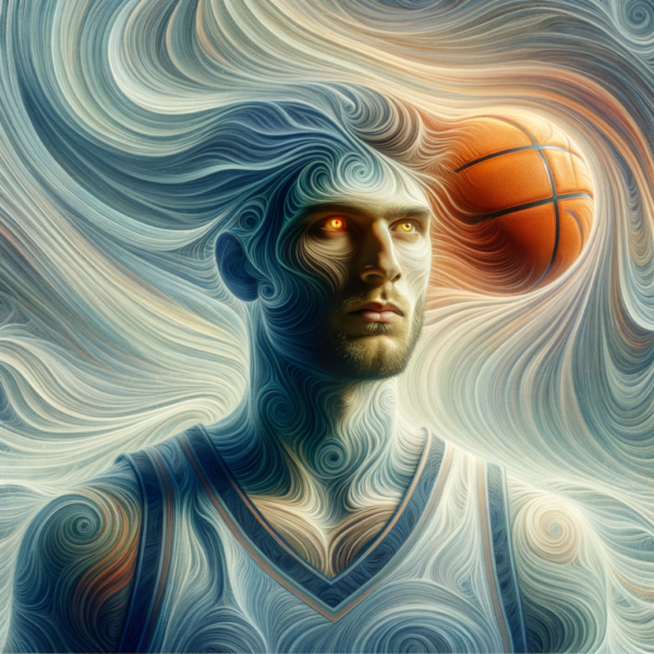 A visual depiction of a basketball player in deep focus during a game