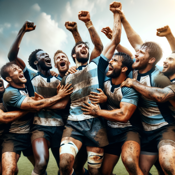 Victorious rugby team holding hands high in celebration