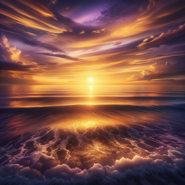 Depiction of soothing ocean waves with a glowing sunset, representing hypnosis-induced relaxation and comfort.