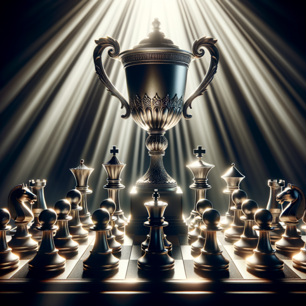 Chess championship trophy surrounded by chess pieces