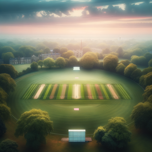 A peaceful cricket field at dawn under a clear sky, emphasizing focus and calm