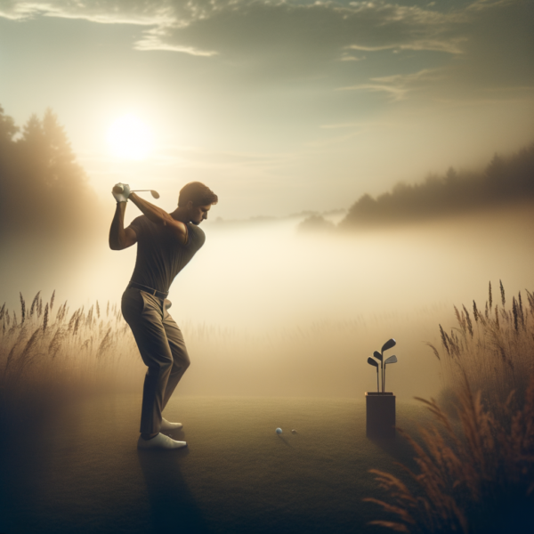 visualization of a perfect golf swing in a misty setting