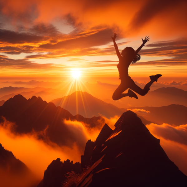 A silhouette jumping joyfully atop a mountain peak