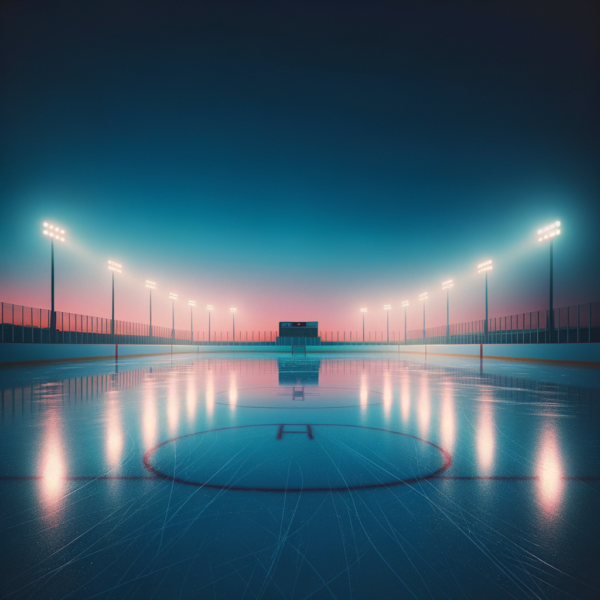 A peaceful hockey rink at dusk suggesting victory and calm