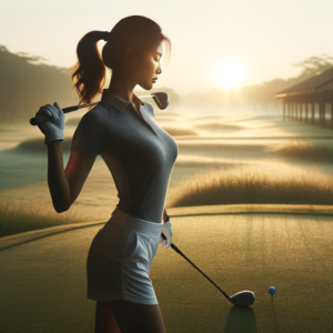 Golf course with a golfer taking a shot at sunrise