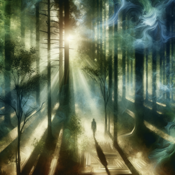 Abstract representation of inner strength with light patterns through a serene forest