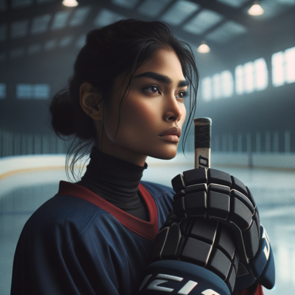 Hockey player visualizing success and achievements on an empty ice rink.