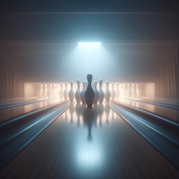 A glowing bowling lane leading to pins in a soft-focus setting.