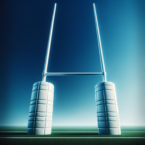 Open rugby goalposts against a clear blue sky, representing visualization of goals and triumph.