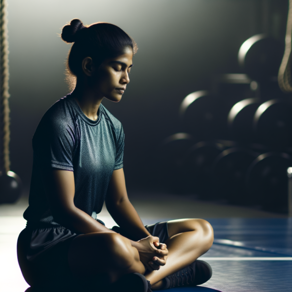 Wrestler mentally preparing before a match on a mat