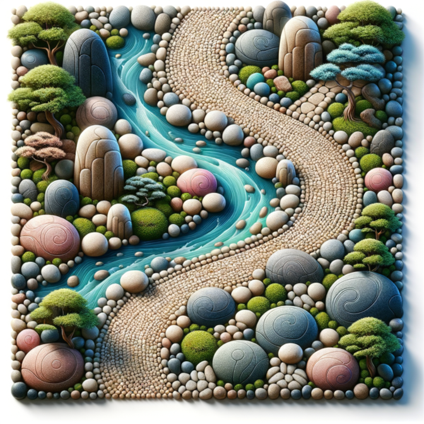 Serene Zen garden with a small stream flowing smoothly through